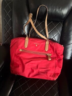 Michael Kors Red Nylon Tote with Tan Leather Handles